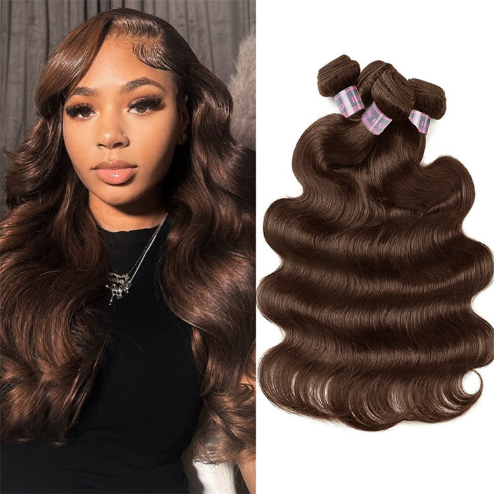 Woman With 8a Grade Body Wave Hair On One Side And Three Bundles Of Brown Hair Extensions On The Other.