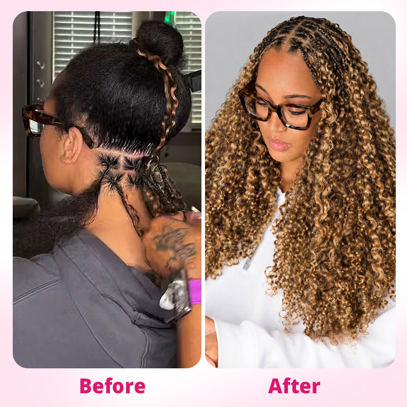 Before And After Comparison Of A Woman Wearing Burmese Curly Hair Extensions.