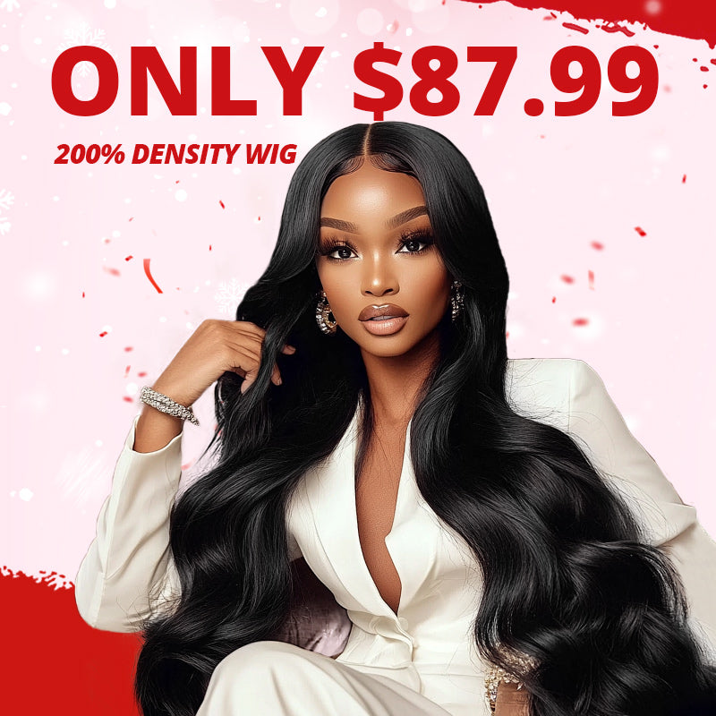 Woman with body wave glueless wig on pink background with text saying"200 density only $87.99"