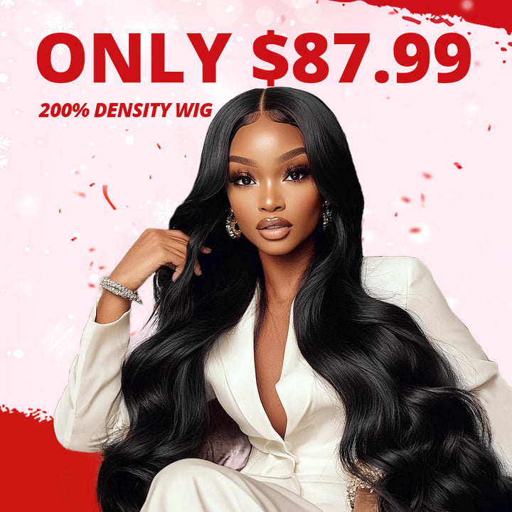 Woman with body wave glueless wig on pink background with text saying"200 density only $87.99"