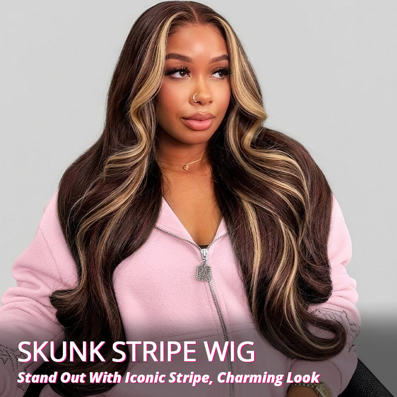 Woman Wearing A Skunk Stripe Wig With A Gray Background