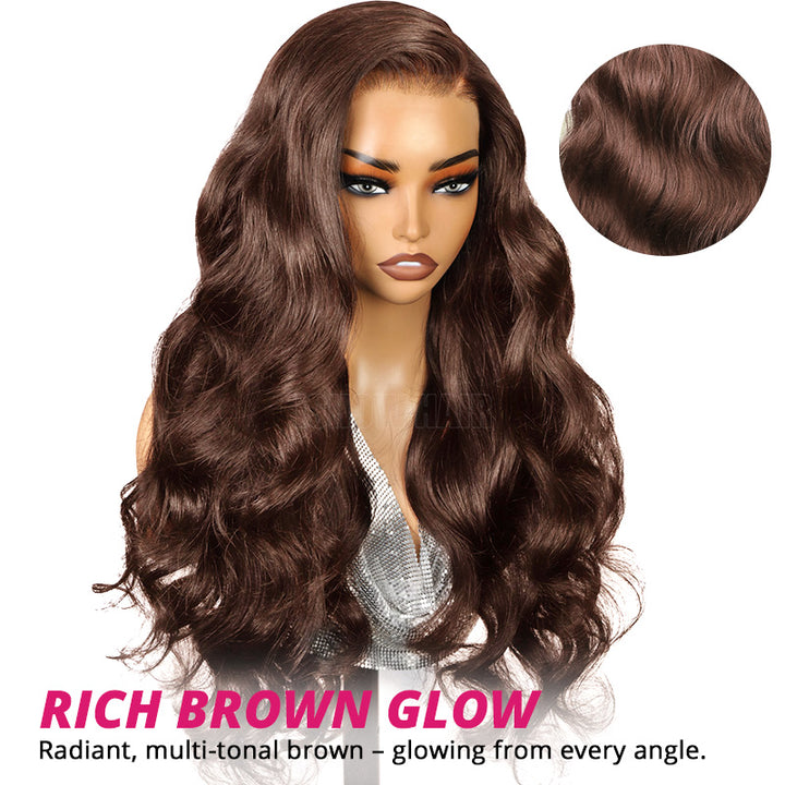 Long Body Wave Wig In Rich Dark Brown With A Realistic Part Line, Shown On A Mannequin Head With An Inset Close-Up Of The Hair Texture And Text Reading 'rich Brown Glow'.