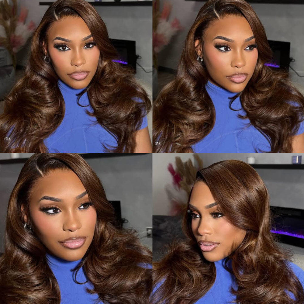Four Different Angles Of A Woman With Long, Body Wave Brown Hair Wearing A Blue Top.