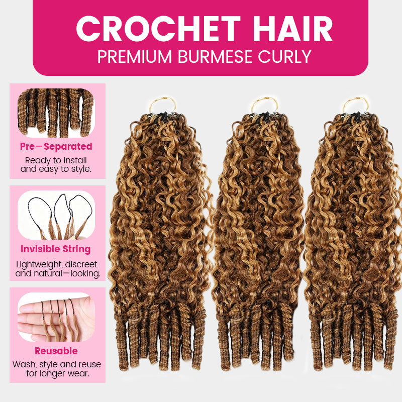 Three Bundles Of Curly Crochet Hair Extensions Displayed On A Light Gray Background With Feature Callouts On The Left And A Pink Header Reading 'crochet Hair Premium Burmese Curly'.
