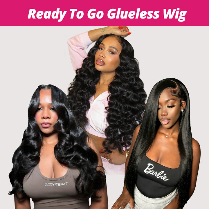 Three Women Modeling Glueless Wigs Against A Light Gray Background, With A Pink Banner At The Top Reading 'Ready To Go Glueless Wig'.