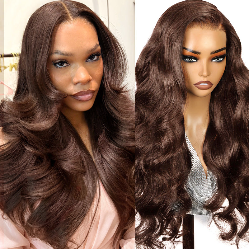 A Long Body Wave Wig With Brown Color, Shown On A Model On The Left And On A Mannequin Head On The Right. The Wig Features A Clear Lace Front And Voluminous, Body Curls