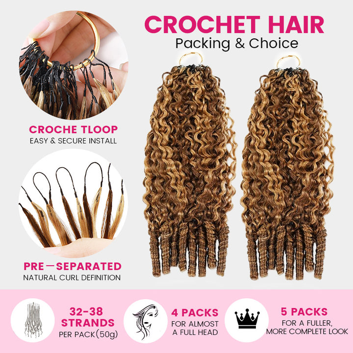 Crochet Hair Extension Packs Shown On A Light Gray Background With Informational Callouts.
