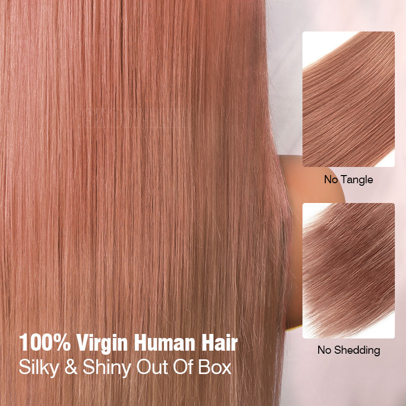 A Close-Up Of Long, Straight, Silky Hair In A Pink Shade, With Two Inset Swatches On The Right Labeled 'no Tangle' And 'no Shedding,' Plus Text Reading '100% Virgin Human Hair' And 'silky & Shiny Out Of Box.'.