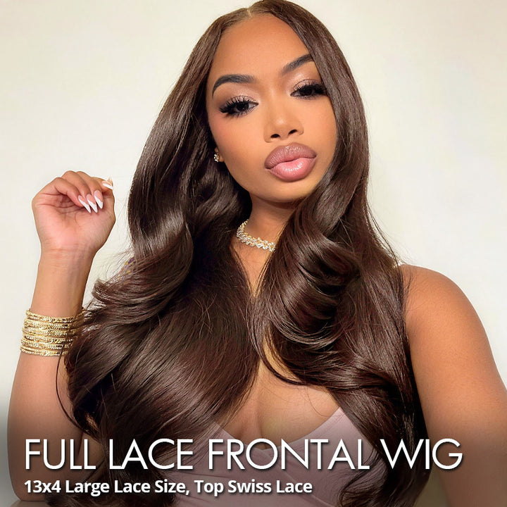 A Woman Modeling A Long Body Wave Full-Lace Frontal Wig With Brown Color And Soft Waves. The Image Features Text Overlays At The Bottom Reading 'full Lace Frontal Wig' And '13x4 Large Lace Size, Top Swiss Lace'.