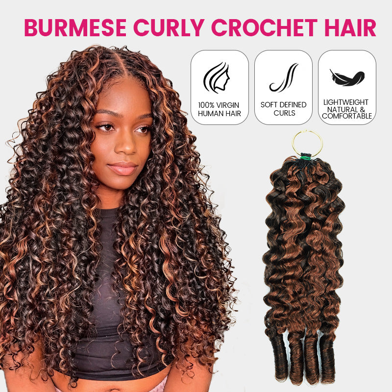 A Promotional Listing Image For Burmeese Curly Crochet Hair Extensions. On The Left, A Model Wears The Same Hair