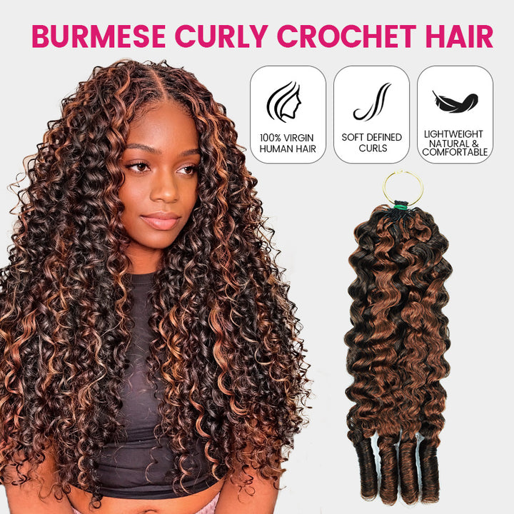A Promotional Listing Image For Burmeese Curly Crochet Hair Extensions. On The Left, A Model Wears The Same Hair
