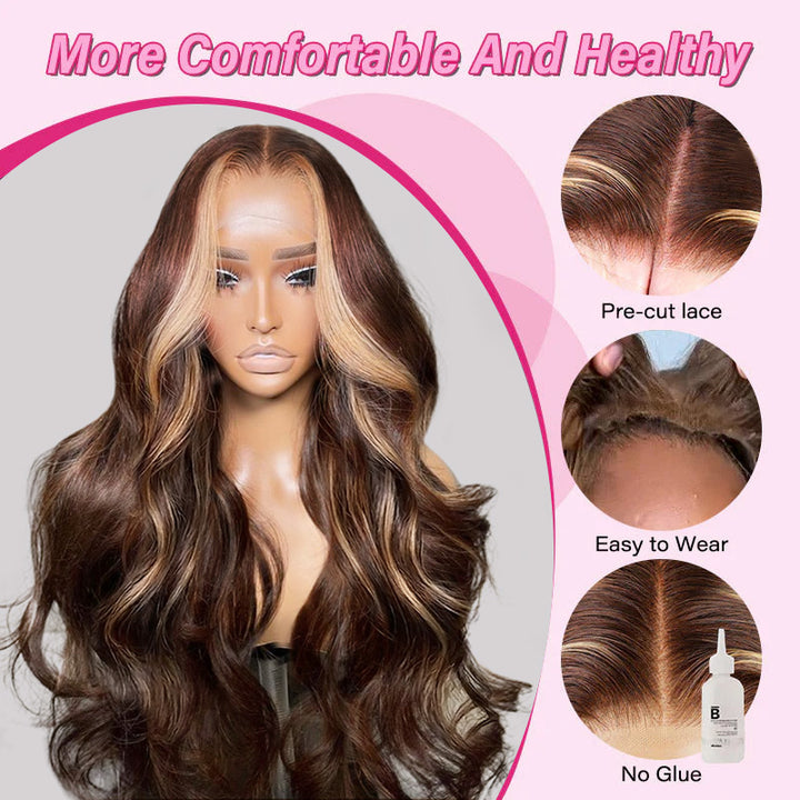 Body Wave Brown Wig With Close-Up Details On A Pink Background