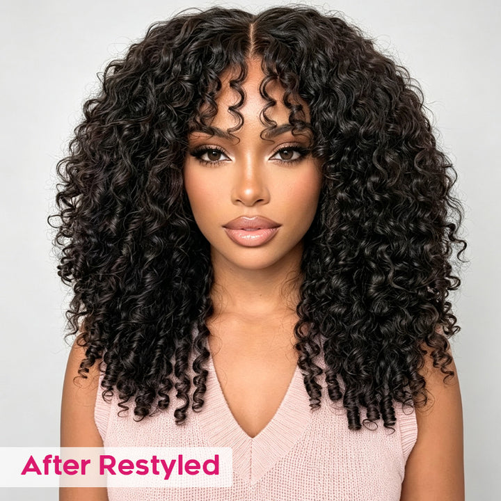 A Woman With Black Burmese Curly Hair Wig, Wearing A Light Pink Knit Top. A Text Overlay In The Bottom-Left Corner Reads 'After Restyled' On A White Background.