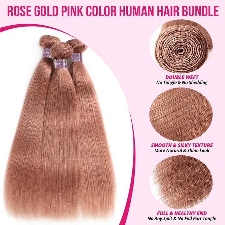 Three Bundles Of Straight Human Hair Extensions In A Rosy Gold Pink Color, Displayed On A Light Pink Background With Informational Callouts About Double Weft, Smooth Silky Texture, And Full Healthy Ends.