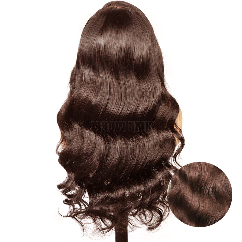 A Long, Wavy Wig Displayed On A Mannequin Head Against A Plain White Background, With A Circular Inset Showing A Close-Up Of The Hair Texture. The Wig Is A Deep Dark Brown Color.