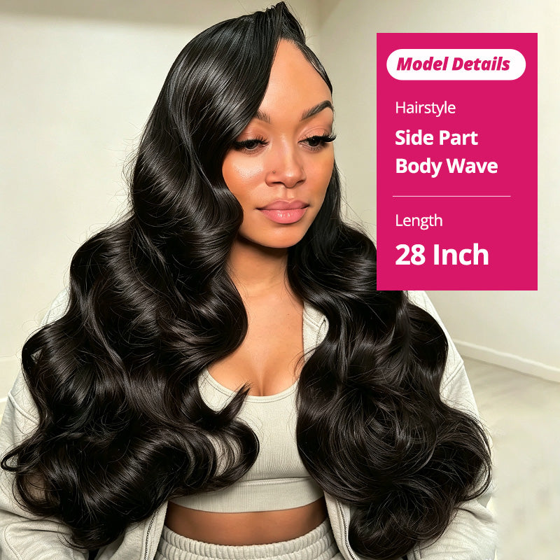 A Woman Wearing A Body Wave Hair Wig With A Side Part, Shown Against A Light Indoor Background With A Pink 'Model Details.