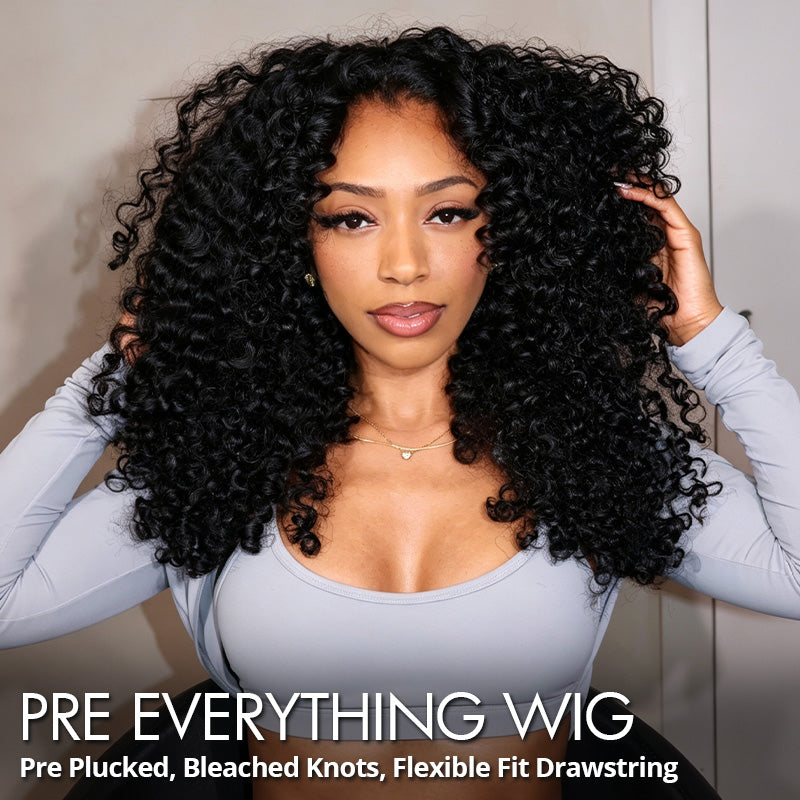 A Woman Modeling A Pre-Plucked, Bleached Knots, Flexible Fit Burmese Curly Wig