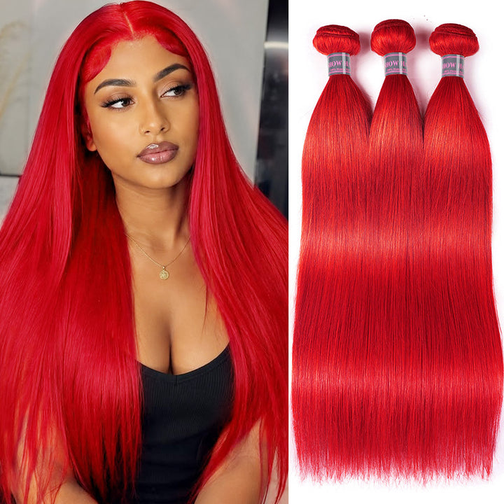 Bright Red Straight Hair Extensions Shown On A Model, And Three Separate Bundle Packs Of Matching Red Hair On The Right.
