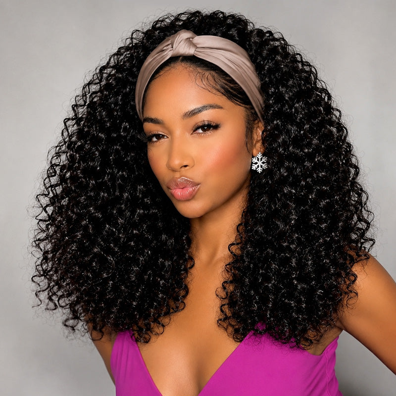 A Woman With Burmese Curly Hair Wig Wearing A Beige Twisted Headband And A Bright Pink Top.