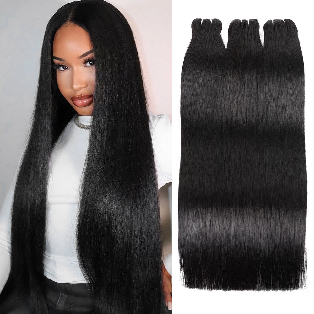 Woman With High 12a Grade Human Hair Straight Bundles On A White Background