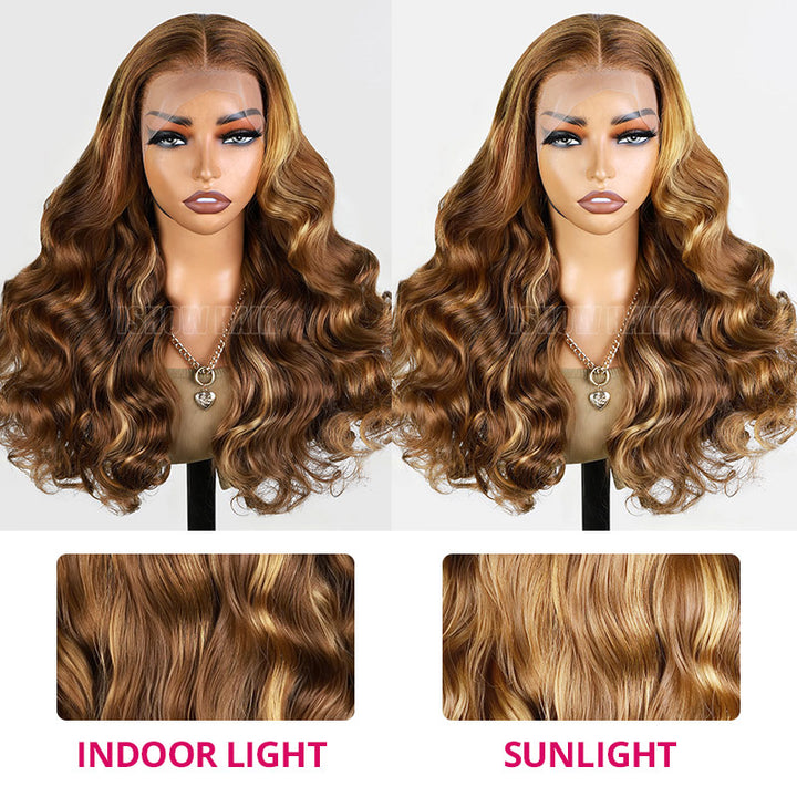 Indoor Light and Sunlight Comparison of P4/30 Highlight Colour Long Spring Curly Lace Front Wig