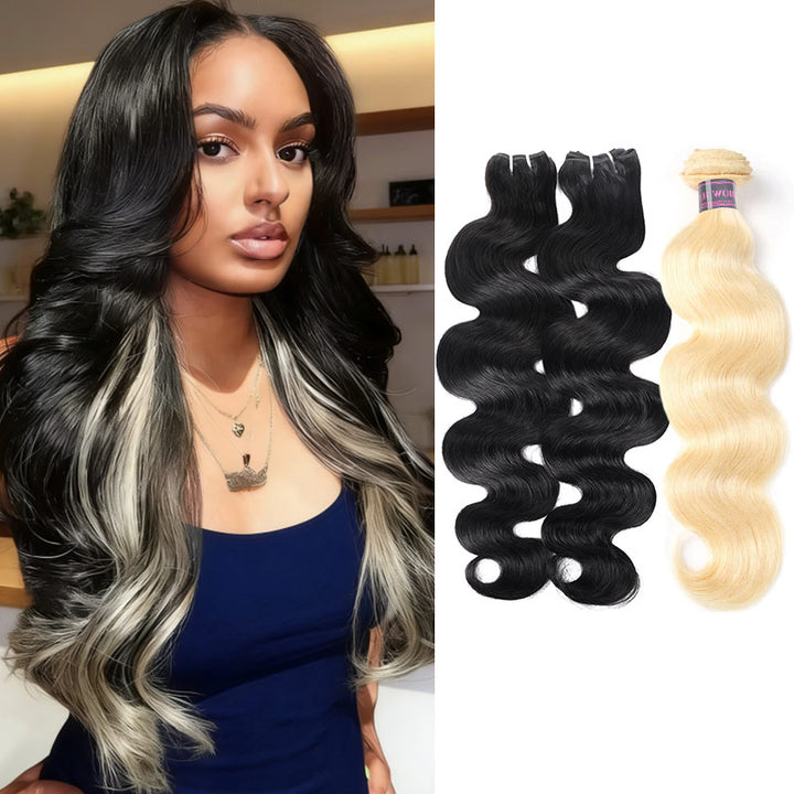 Ishow 1b/613 Body Wave Hair Bundles: Styled On A Woman (Left) And Shown As Hair Bundles (Right)