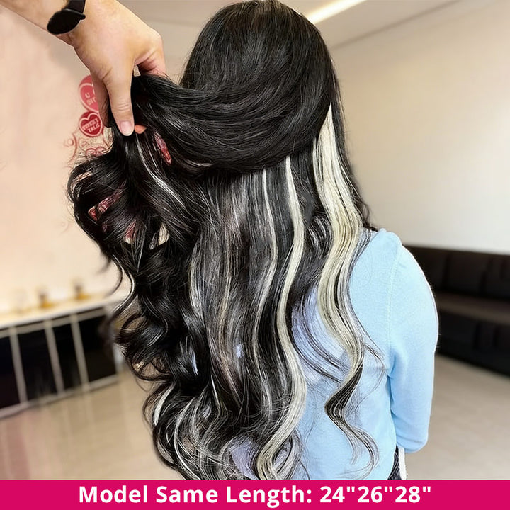 Black-And-Blonde Body Wave Hair Bundle (24"/26"/28" Lengths) On Model In Light Blue Top,