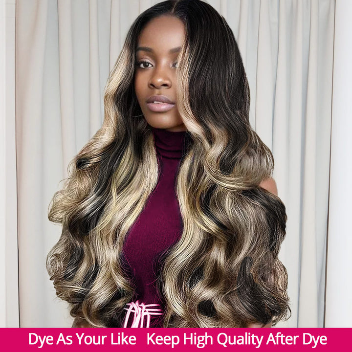 1b/613 Highlight Body Wave Bundles: Dyeable, Quality Post-Dye (On Woman, Burgundy Top)
