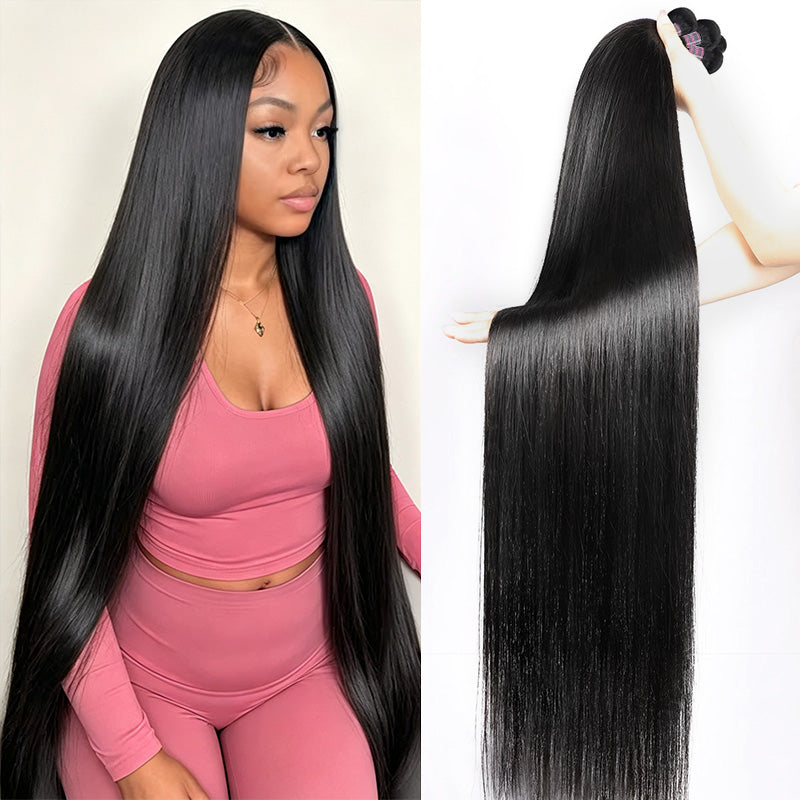 Long, Straight Black Hair Extension Shown On A Model Wearing A Pink Activewear Outfit, Alongside A Close-Up Of The Hair Extension Hanging From A Hand Against A White Background.