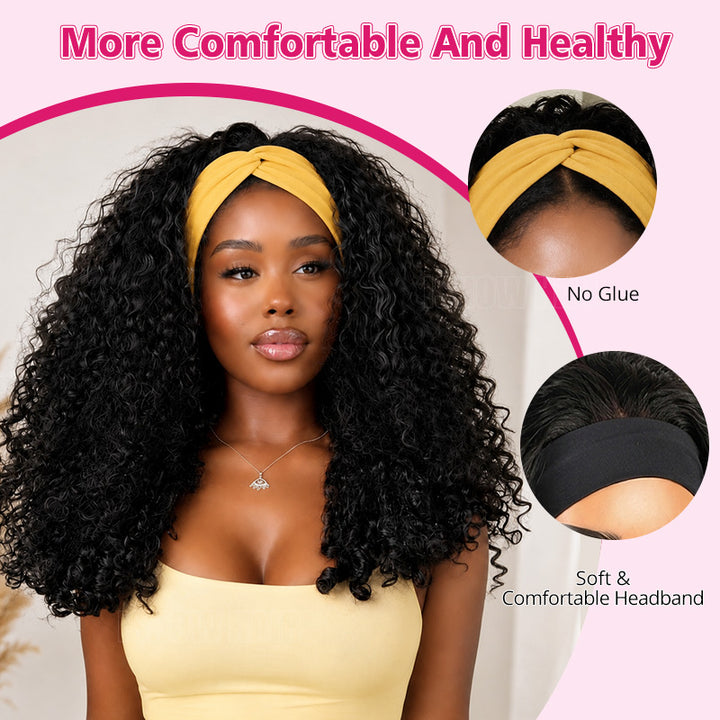 A Woman Wearing A Yellow Twisted Headband With Black Curly Hair Wig. Shown Against A Pink Graphic Background With Text Reading 'more Comfortable And Healthy'.