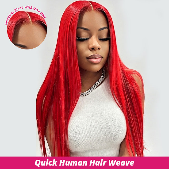 A Woman Modeling A Bright Red Straight Human Hair Weave With A Seamless Blend, Shown Against A Light Gray Background.