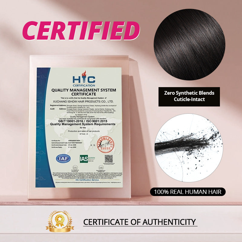 HIC certification for quality management system, 100% real human hair with a close-up of hair strands, and 'CERTIFIED' text on a pink background.