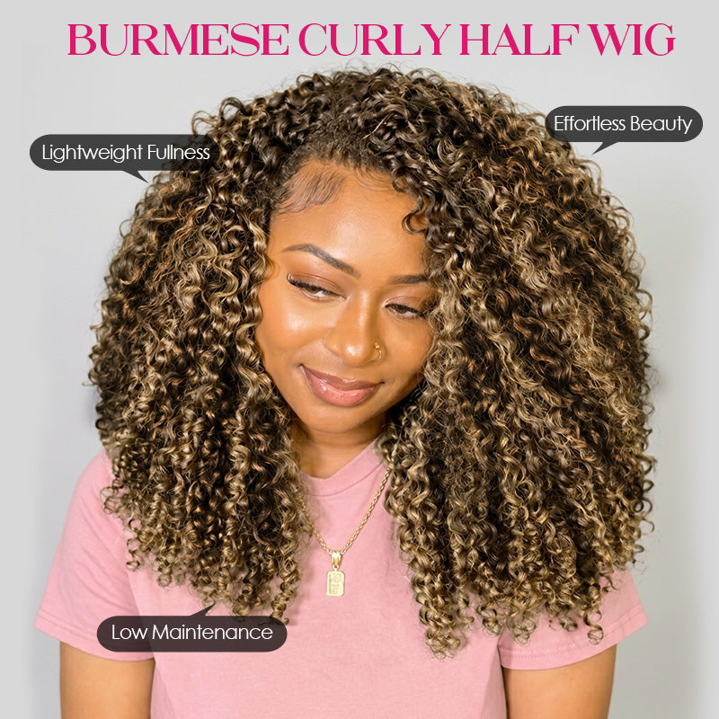 A Woman Modeling A Half Wig In Highlight Color. The Image Includes Marketing Text Reading 'Burmese Curly Half Wig' And Callout Bubbles Describing 'Lightweight Fullness,' 'Effortless Beauty,' And 'Low Maintenance.