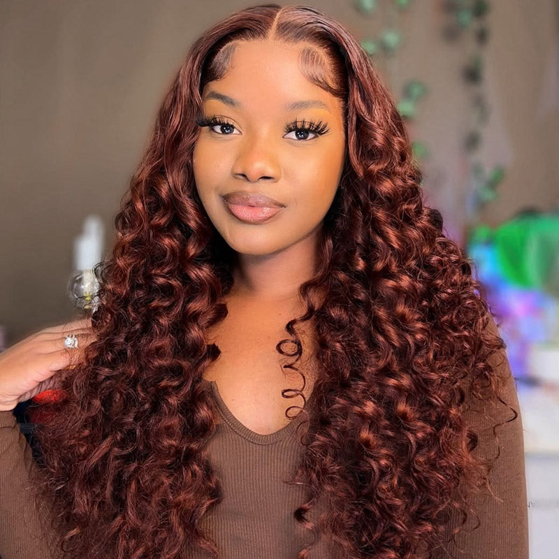 Model Wearing Ishow Bogo Free Reddish Brown Deep Wave Glueless Wig 