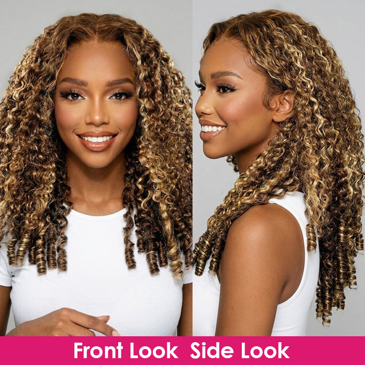 A Split-Screen View Of A Woman Modeling A Human Hair Wig, Showing The Front And Side Profiles Against A Light Gray Background.