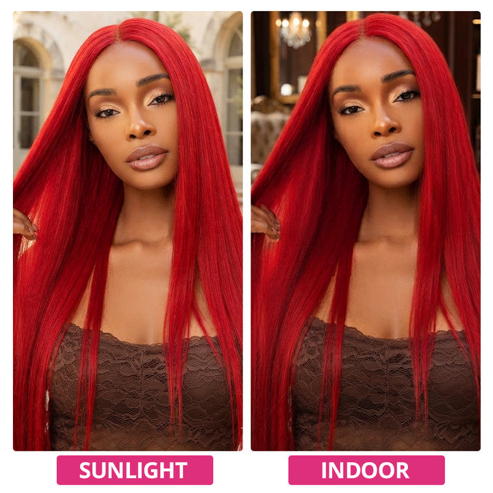 A Side-By-Side Comparison Of A Bright Red Straight Hair Under Sunlight On The Left And Indoors On The Right.