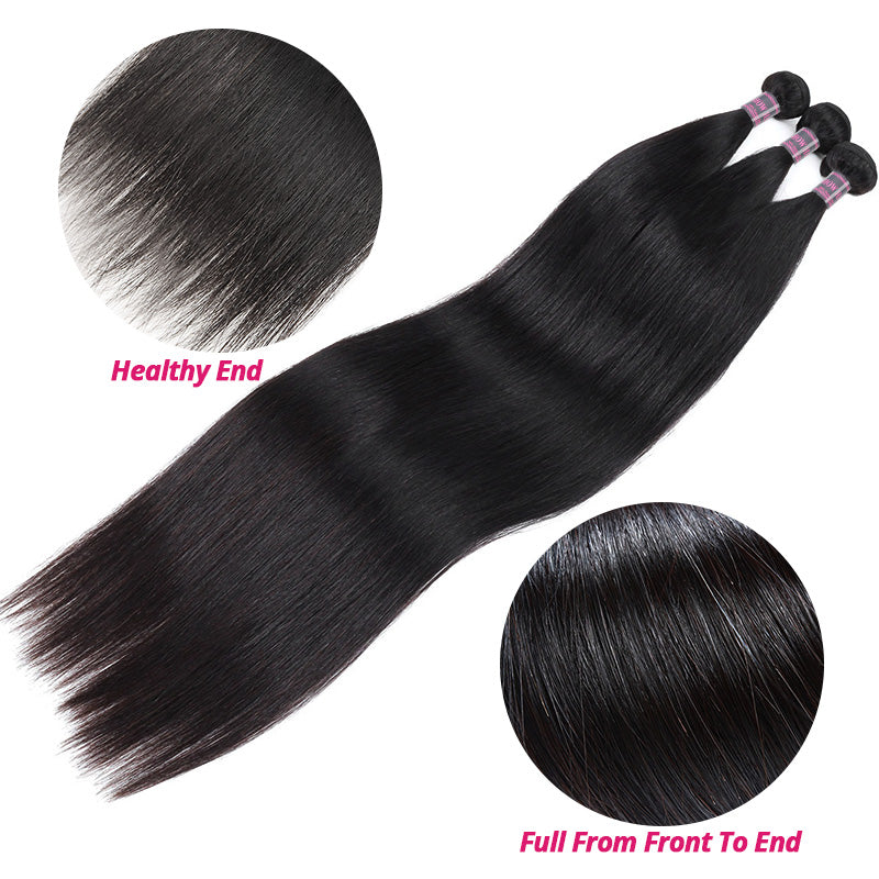 Three Bundles Of Straight Black Hair Extensions Displayed Diagonally On A White Background, With Two Circular Inset Close-Ups Showing The Hair Texture And Ends Labeled 'healthy End' And 'full From Front To End'.
