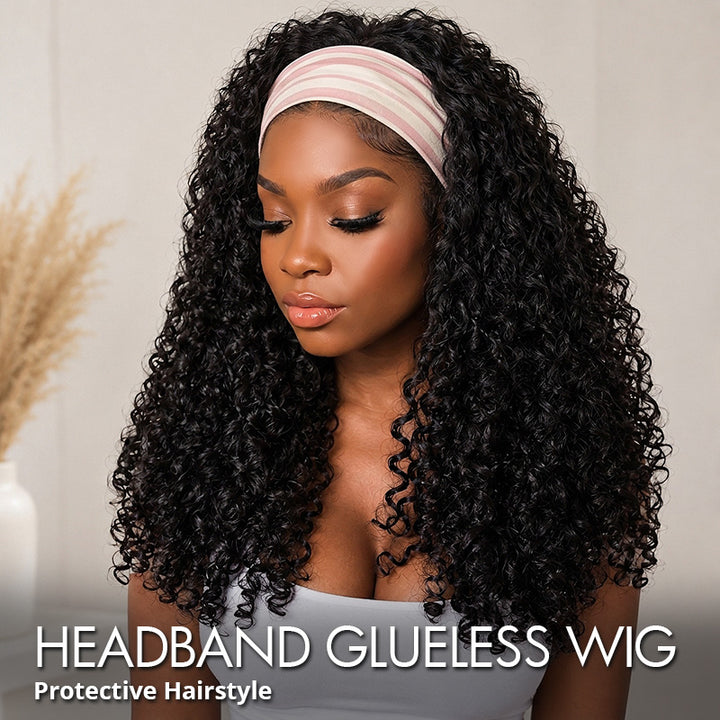 A Woman Wearing A Headband Glueless Wig. The Image Features A Text Overlay At The Bottom That Reads 'Headband Glueless Wig Protective Hairstyle'.