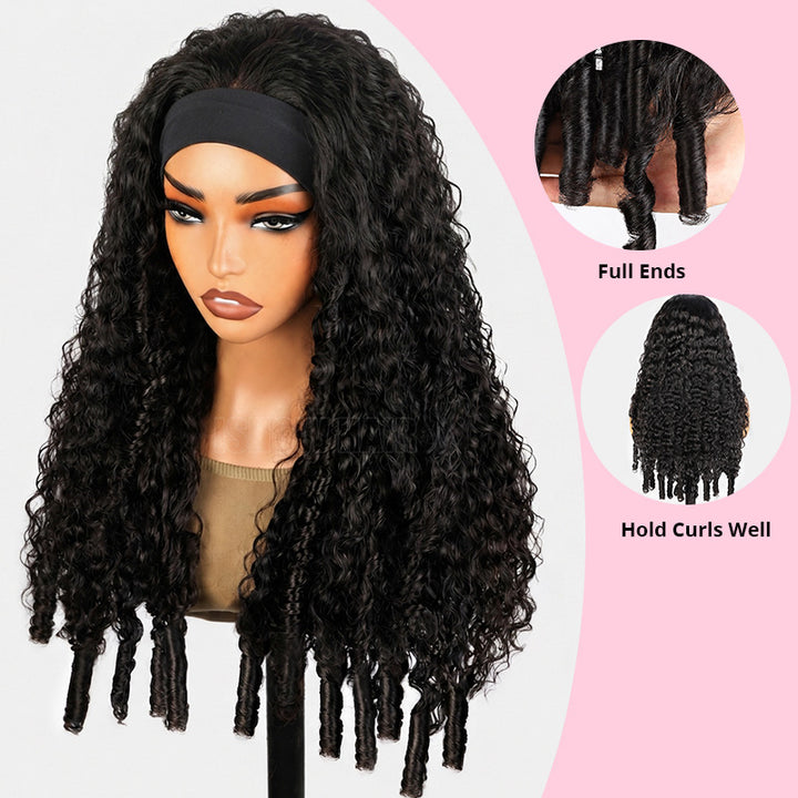 Long Black Curly Wig With A Black Headband On A Mannequin Head, Shown Against A White And Pink Background With Two Inset Circles Labeled 'full Ends' And 'hold Curls Well' To Demonstrate The Weave And Curl Definition.