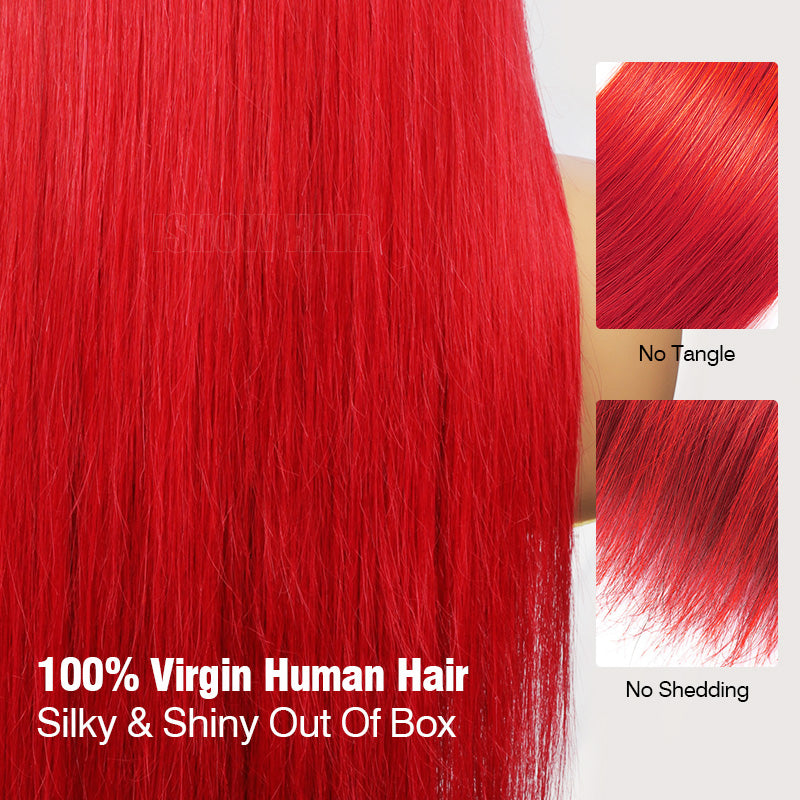 Bright Red Straight Human Hair Shown In A Close-Up Product Graphic, With Two Inset Swatches On The Right Labeled 'no Tangle' And 'no Shedding‘.