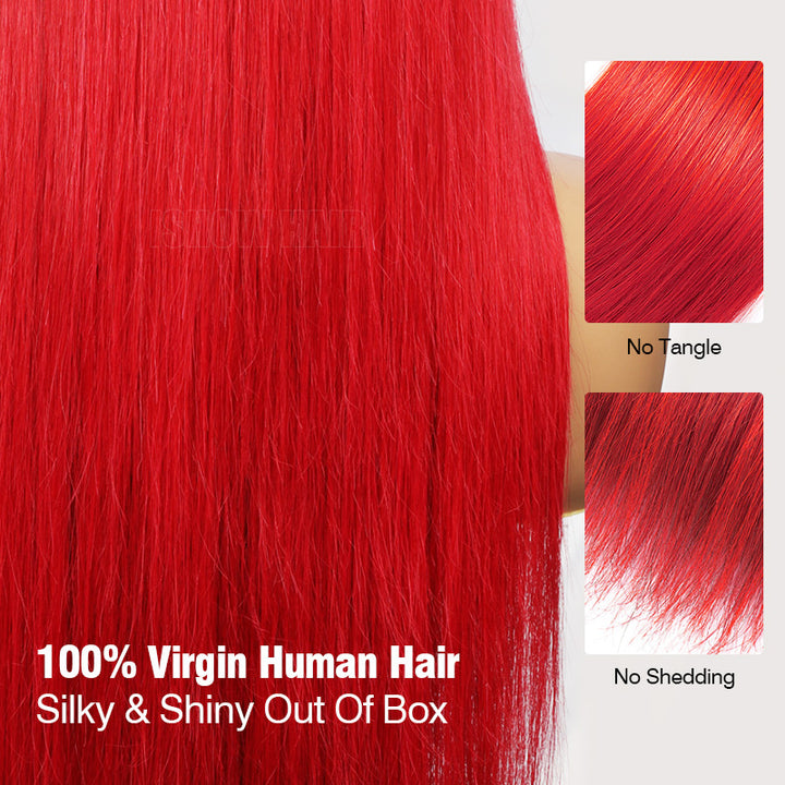 Bright Red Straight Human Hair Shown In A Close-Up Product Graphic, With Two Inset Swatches On The Right Labeled 'no Tangle' And 'no Shedding‘.