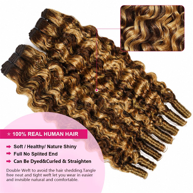 Three Bundles Of Burmese Curly Human Hair Extensions In A Highlighted Brown And Blonde Color, Shown With A Close-Up Inset Of The Hair Texture And Marketing Text On A White Background.