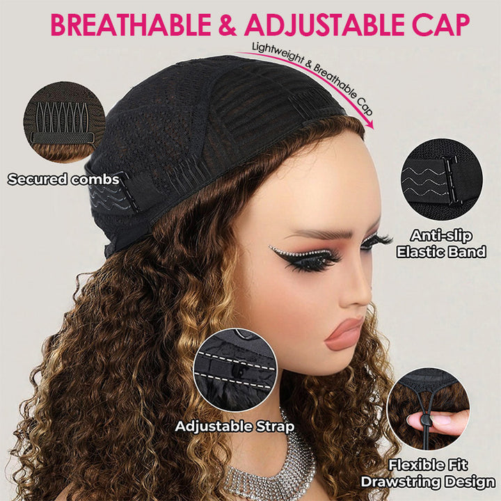 A Burmese Curly Wig With A Black Breathable Adjustable Cap, Shown On A Mannequin Head With Feature Callout Circles And Text Including 'Breathable & Adjustable Cap', 'Secured Combs', 'Anti-Slip Elastic Band'.