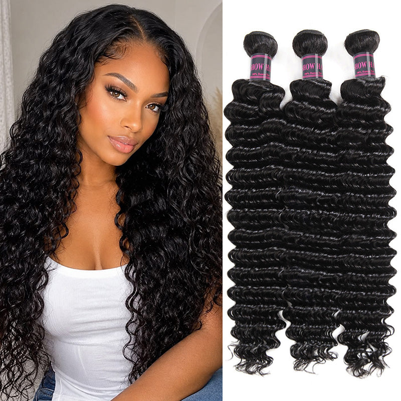 Model Presenting Deep Wave Human Hair Bundles And Showing Three Hair Bundles On Right Side