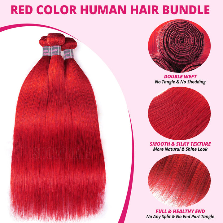 Red Color Human Hair Bundle Three-Pack On A Pink Background With Feature Callouts For Double Weft, Smooth Silky Texture, And Full Healthy End.