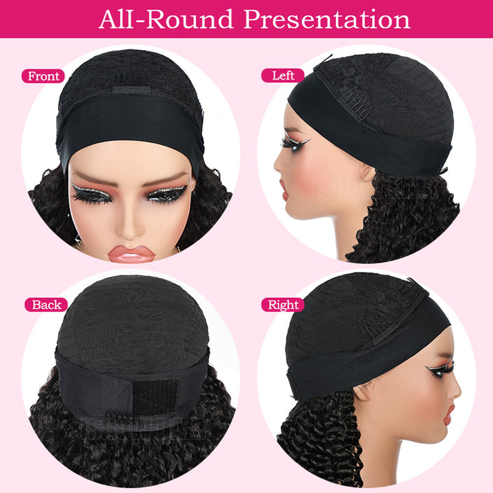 Four-View Presentation Of A Black Wig Cap Or Toupee Underlayer Shown On A Mannequin Head. The Collage Includes Front, Left, Back, And Right Angles On A Light Pink Background With A Pink Header Reading 'all-Round Presentation'.