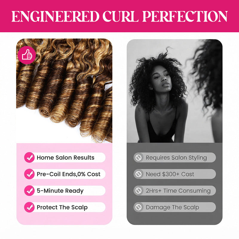 The Left Panel Shows A Close-Up Of Curled Hair Extensions In Warm Brown And Blonde Tones, With Text Listing Benefits Like 'home Salon Results' And '5-Minute Ready.