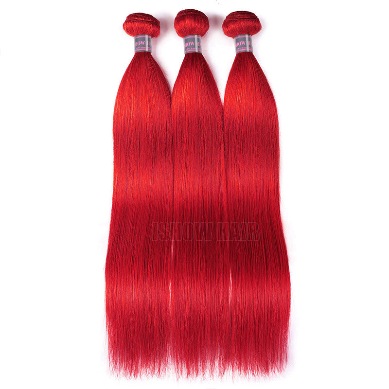 Three Bundles Of Red Hair Extensions With Straight, Silky Strands, Displayed Against A Plain White Background.