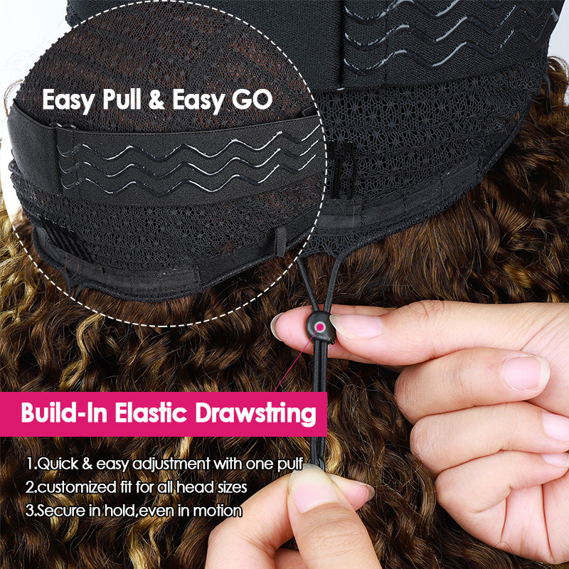 Close-Up Of A Adjustable Cap Being Worn, With A Hand Pulling A Drawstring Closure. The Image Includes An Inset Circle Labeled 'easy Pull & Easy Go' And Text Reading 'build-In Elastic Drawstring' With Feature Points Below.