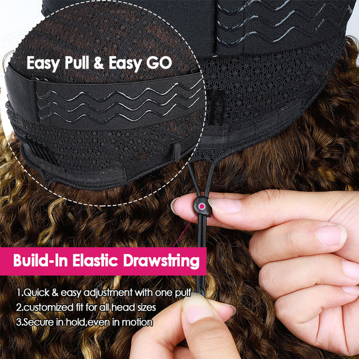 Close-Up Of A Adjustable Cap Being Worn, With A Hand Pulling A Drawstring Closure. The Image Includes An Inset Circle Labeled 'easy Pull & Easy Go' And Text Reading 'build-In Elastic Drawstring' With Feature Points Below.